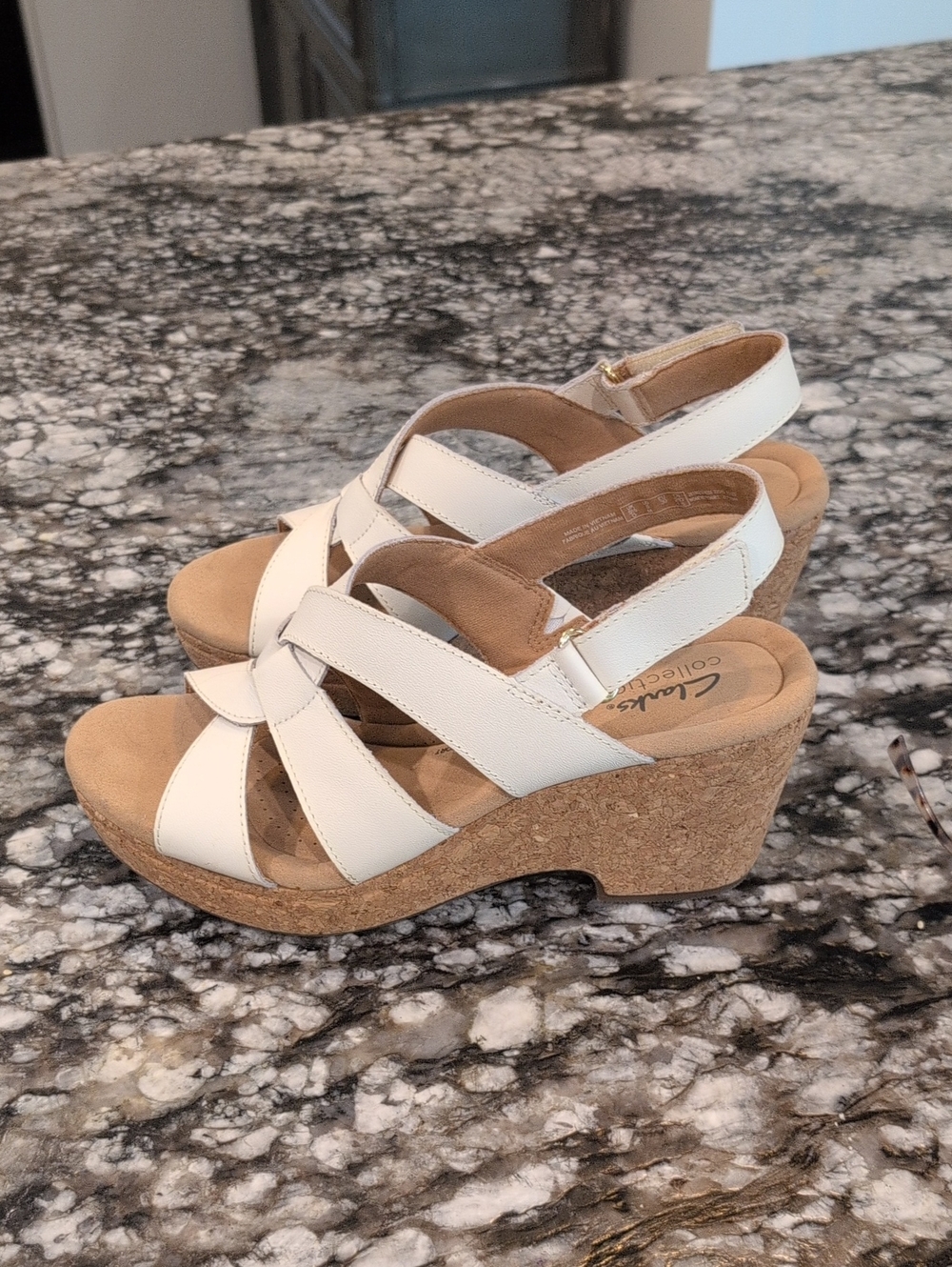 Clarks White Leather Cork Wedge Sandals - Perfect For Summer!